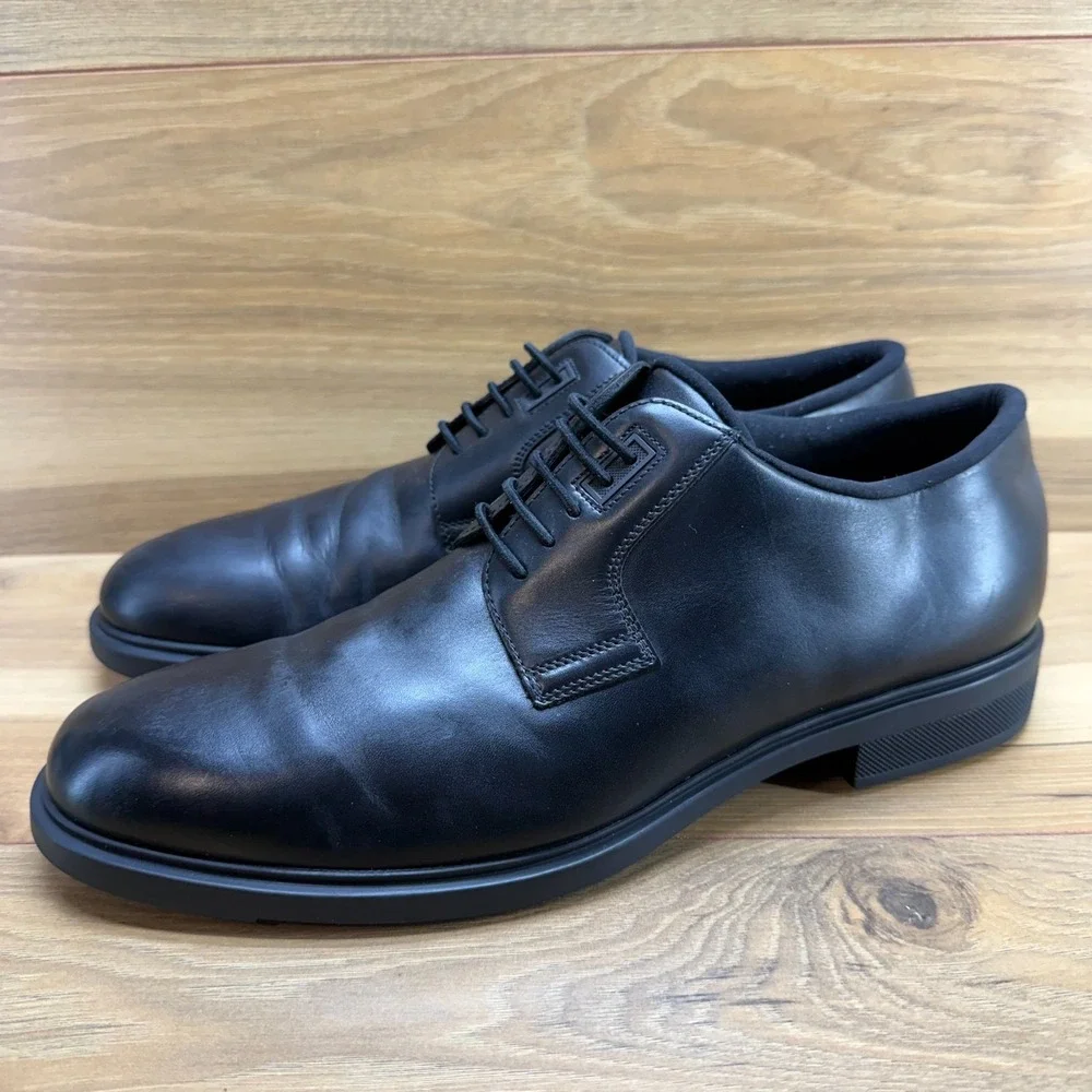 HUGO BOSS Black Leather Oxfords‎ Mens US 9 UK 8 Black Leather Slip On Stretch